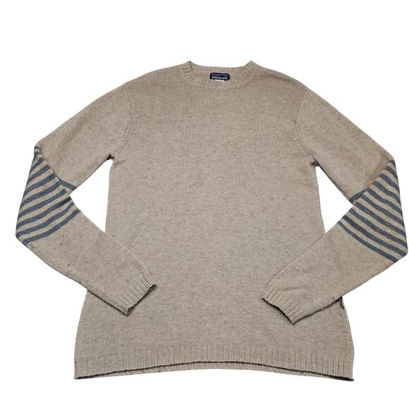 Patagonia Sweater M Tan Lambswool Nylon Knit Crewneck Striped Sleeve Casual - Picture 1 of 7